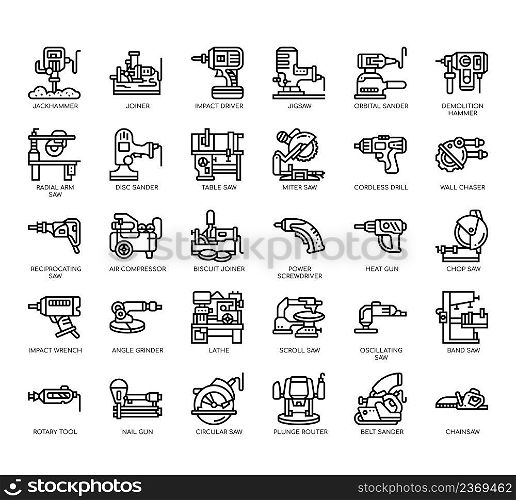Set of Power tools thin line icons for any web and app project.
