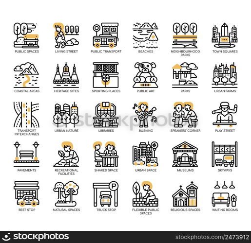 Set of Public spaces thin line icons for any web and app project.