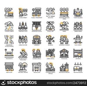 Set of Public spaces thin line icons for any web and app project.