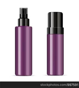 Set of purple cosmetic glossy plastic or glass bottles with black dispenser spray pump. Sprayer Liquid containers for gel, lotion, cream, serum, base. Beauty cosmetics product package. Vector illustration.. Purple cosmetic plastic or glass bottle dispenser