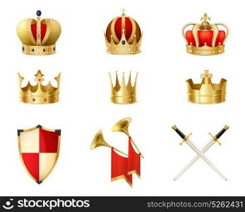 Set Of Realistic Golden Royal Crowns . Set of realistic golden royal crowns decorated with precious stones heraldic shield and crossed swords isolated vector illustration