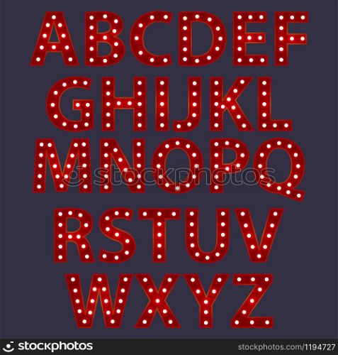 Set of red alphabet from English letters with luminous glowing lightbulbs. ABC vector typography words design. Template type font for poster.