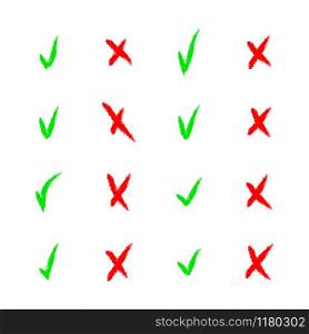 Set of red and green tick and cross check mark icons isolated on white. Set of colourful tick and cross check mark icons on white