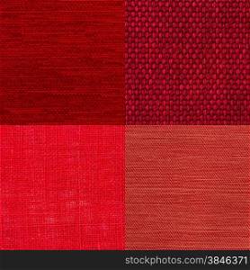 Set of red fabric samples, texture background.