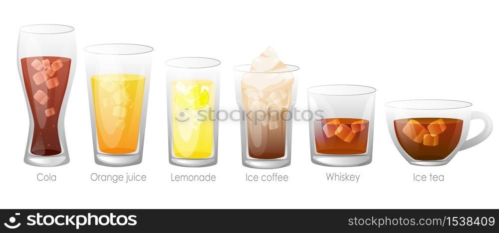Set of refreshing tasty drinks with ice. Summer drinks are alcoholic. Juice, cola, whiskey tea, with ice.. Set of refreshing tasty drinks with ice.