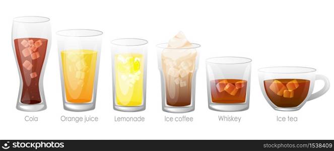 Set of refreshing tasty drinks with ice. Summer drinks are alcoholic. Juice, cola, whiskey tea, with ice.. Set of refreshing tasty drinks with ice.