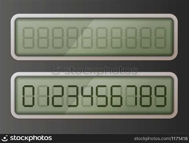 Set of retro digital electronic numbers on green display. Set of retro digital electronic numbers on glossy display