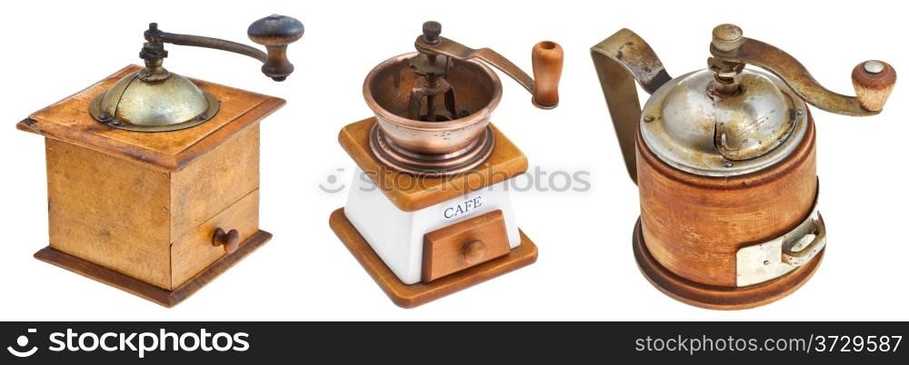 set of retro manual coffee mills isolated on white background