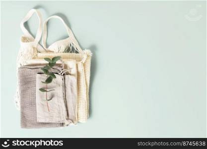 Set of reusable cotton eco bags. responsible consumption, eco-friendly concept flat lay copy space