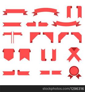 Set of ribbons, flags and medal in red color. Vector EPS 10