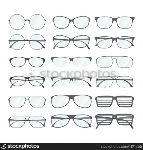Set of rim glasses in different style isolated on white. Set of rim glasses in different style on white