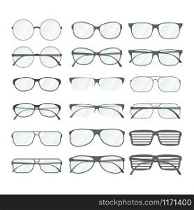 Set of rim glasses in different style isolated on white. Set of rim glasses in different style on white