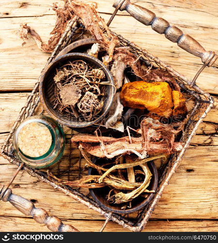 Set of roots of medicinal plants. Basket with roots and rhizomes for medicinal purposes