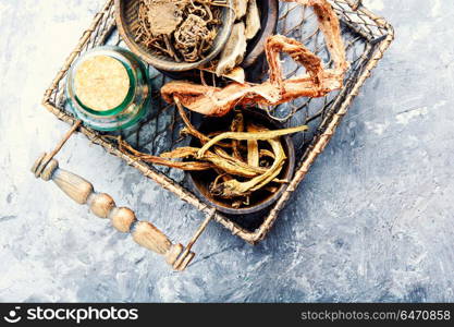 Set of roots of medicinal plants. Basket with roots and rhizomes for medicinal purposes