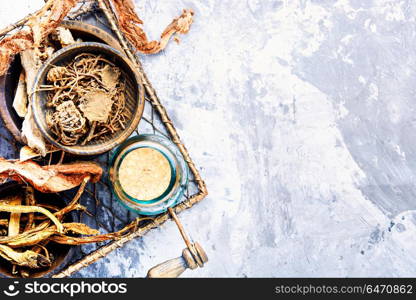 Set of roots of medicinal plants. Basket with roots and rhizomes for medicinal purposes