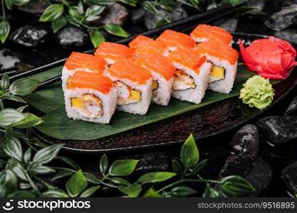 Set of salmon sushi rolls on stone plate