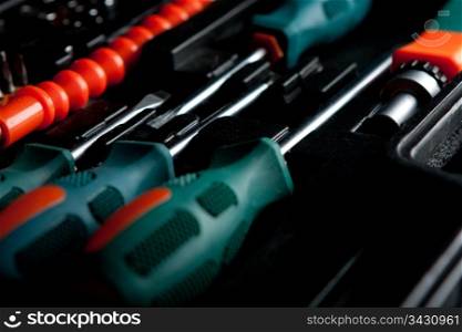 Set of screwdrivers in black box. Shallow focus