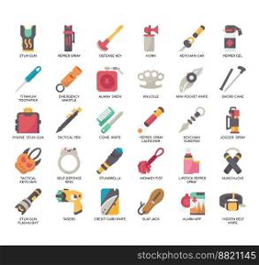 Set of Self Defense Equipment thin line icons for any web and app project.