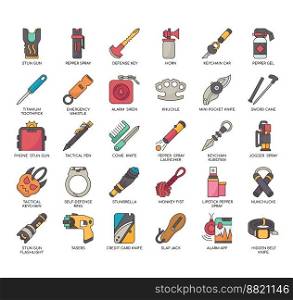 Set of Self Defense Equipment thin line icons for any web and app project.