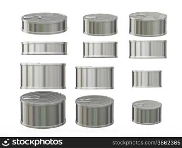 Set of short cylindrical aluminum tin cans in various sizes . General can packaging with blank label for variety food product ,ready for your design or artwork, clipping path included&#xA;