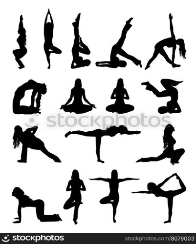 set of sihouette woman doing yoga exercise isolated on white background
