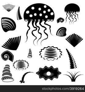 Set of Silhouettes of Sea Animals Isolated on White Background. Silhouettes of Sea Animals