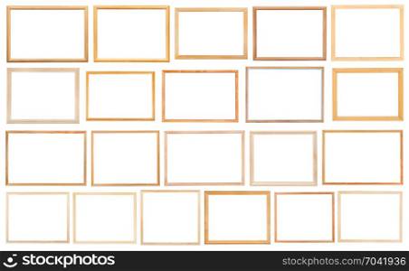 set of simple narrow wooden picture frames with cut out canvas isolated on white background