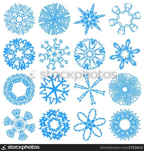 Set of simulated snowflakes (16 pieces) - on a white background