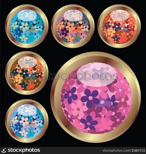 Set of six floral buttons on black