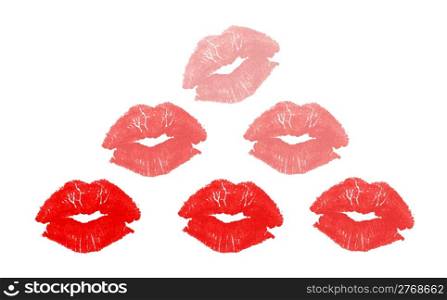 Set of six graphic colored kisses in triangle layout isolated on white background with copy space.