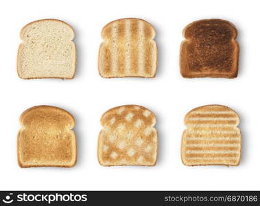 Set of six slices toast bread isolated on white background