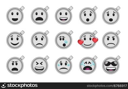 Set of smiley coffee cup icons in different emotions and moods.