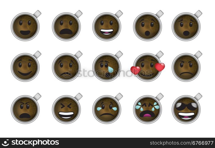 Set of smiley coffee cup icons in different emotions and moods.