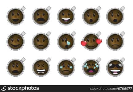 Set of smiley coffee cup icons in different emotions and moods.