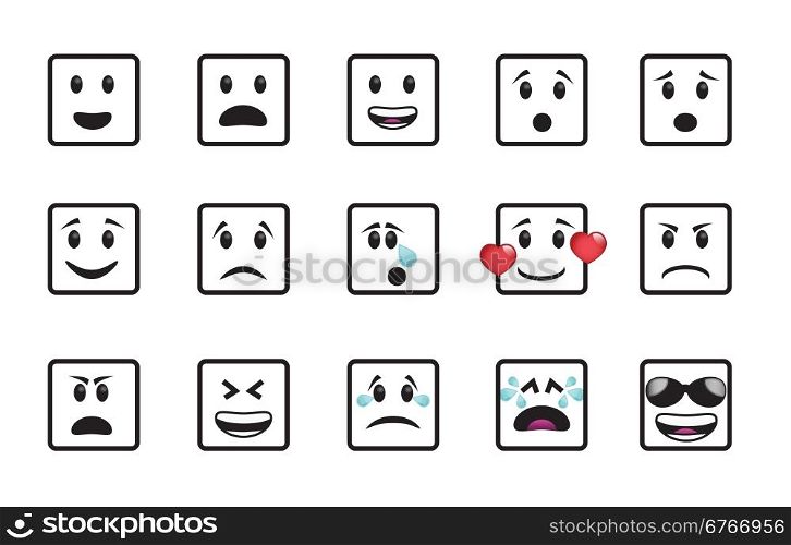 Set of smiley square icons in different emotions and moods.