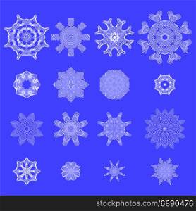 Set of Snow Flakes Isolated on Blue Background. Set of Snow Flakes