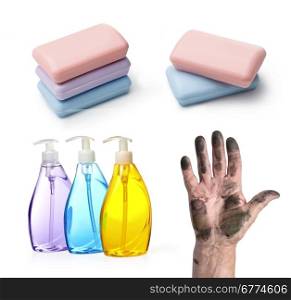 set of soap, dirty hand with clipping path