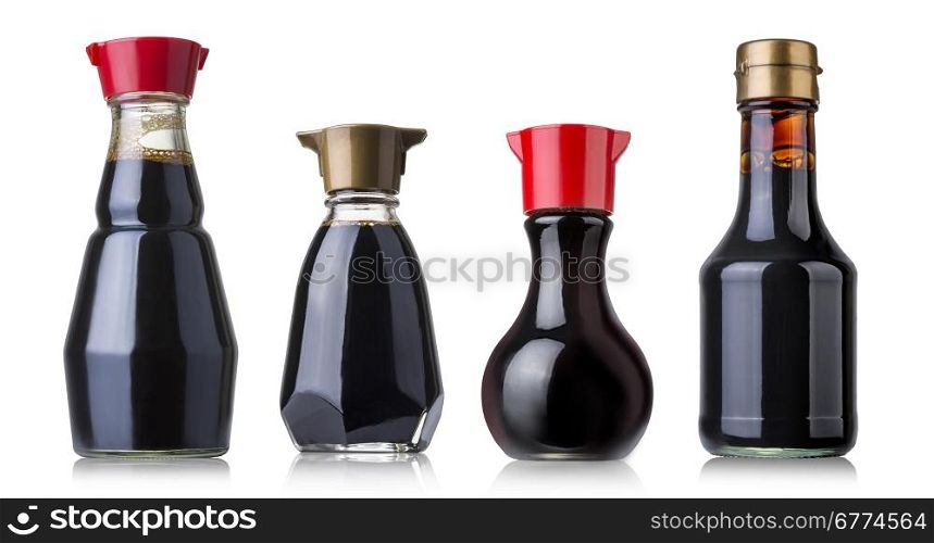 Set of soy sauce bottles isolated on white background