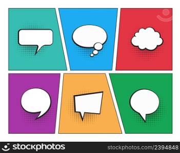 Set of speech bubbles on colourful backgrounds. Halftone shadows. Stock Vector illustration. Set of speech bubbles on colourful backgrounds. Halftone shadows. Vector illustration