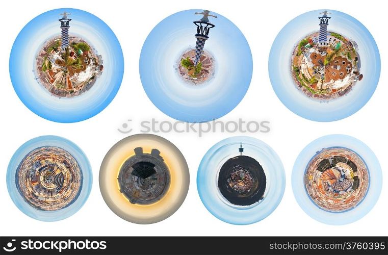 set of spherical urban panoramas of Barcelona, Spain isolated on white background
