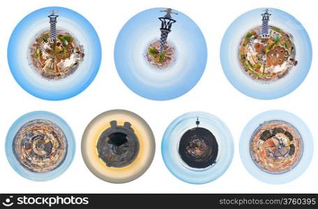 set of spherical urban panoramas of Barcelona, Spain isolated on white background
