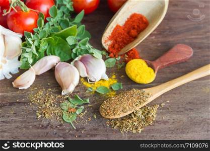 set of spices and fresh herbs