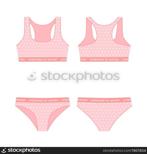 Set of sports underwear for women. Front and back views. Cartoon flat style. Vector illustration