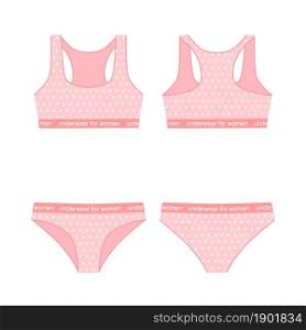 Set of sports underwear for women. Front and back views. Cartoon flat style. Vector illustration
