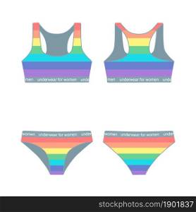 Set of sports underwear for women. Front and back views. Flat cartoon style. Vector illustration
