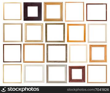 set of square wooden picture frames with cut out canvas isolated on white background
