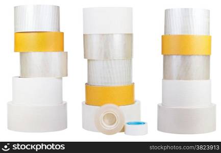 set of stacks of adhesive tape rolls isolated on white background
