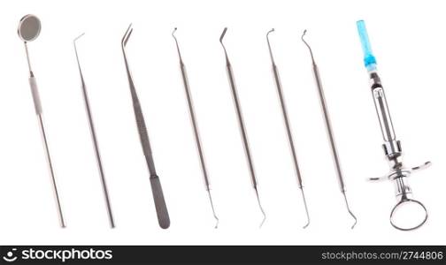 set of stainless steel dental surgery instruments for teeth care (isolated on white background)