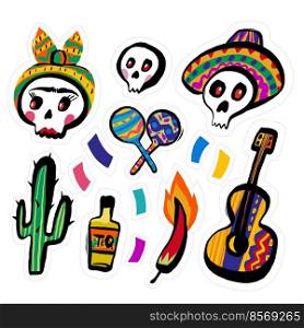 Set of stickers for the day of the dead with symbols of the holiday