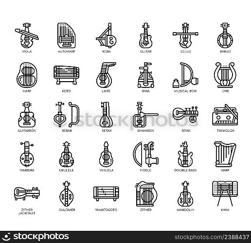 Set of string instruments thin line icons for any web and app project.